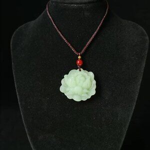 Hand-Carved Natural Green Jade Peony Pendant